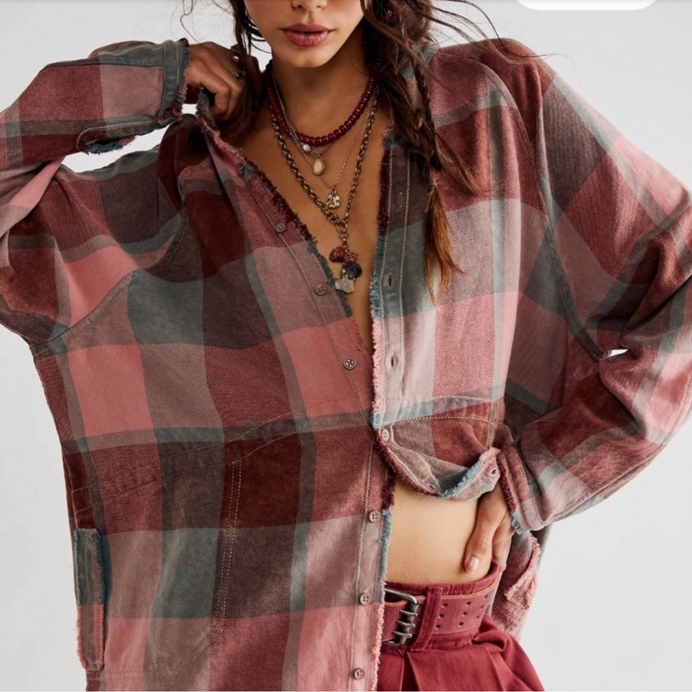 Free People We the Free Summer Daydream Plaid Buttondown Top in Faded Rose Combo
